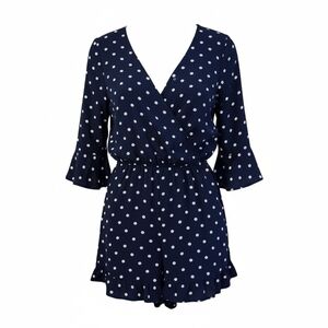 One Clothing Los Angeles Navy Polka Dot Romper Ruffled 3/4 Bell Sleeves Womens M